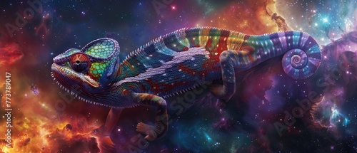 A chameleon changing colors to match the vibrant hues of a cosmic nebula it crawls upon photo