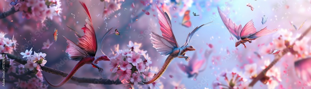 A flock of tiny dragons with butterfly wings jumping among blooming cherry blossoms