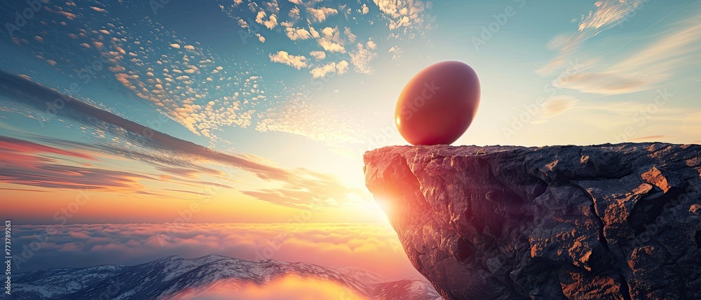 A dramatic image of an egg suspended over a cliff representing risk and potential - obrazy, fototapety, plakaty 