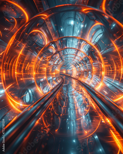 A science fiction-inspired tunnel aglow with neon orange and blue lights, evoking a sense of high-speed travel through a futuristic corridor.