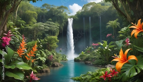 Invigorating Tropical Waterfall Surrounded By Lus