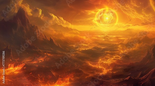 A fantasy landscape illuminated by a second blazing hot sun