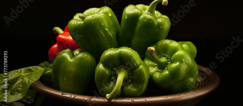 A bowl filled with green bell peppers and a single red pepper, creating a colorful vegetable display