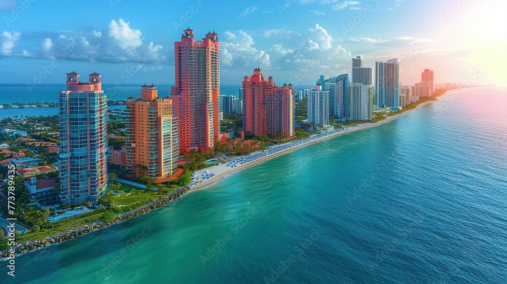 Fototapeta premium View from above of luxurious highrise hotels and condos on Atlantic ocean shore in Sunny Isles Beach city. American tourism infrastructure in southern Florida