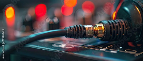 An extreme close-up of a headphone jack being plugged in symbolizing audio technology and connectivity photo