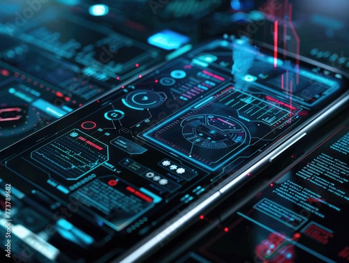 Close-up of a smartphone screen displaying a futuristic user interface showcasing innovation in mobile technology © AI Farm