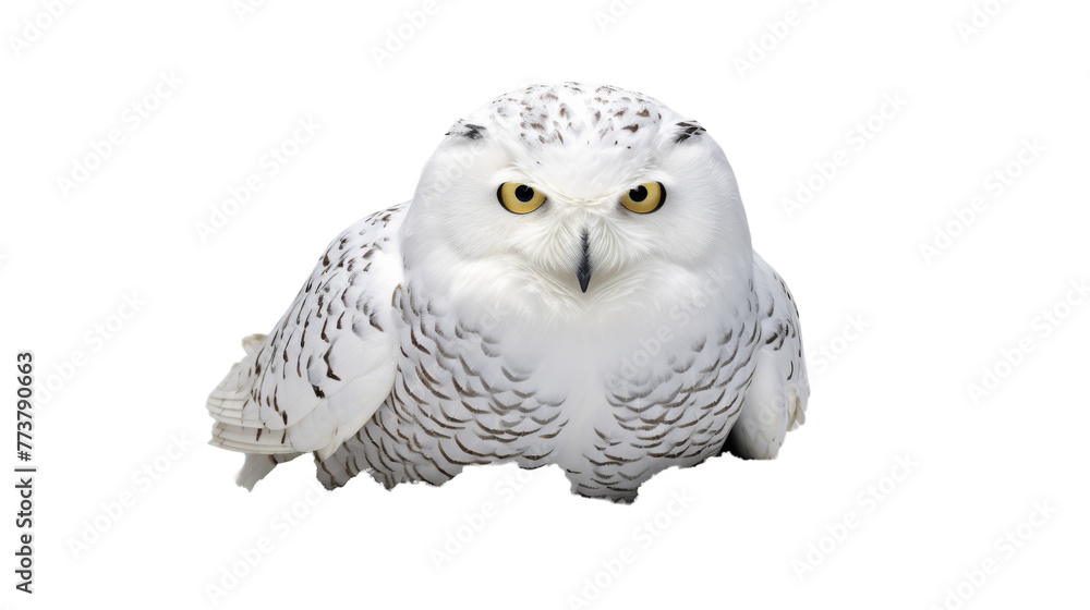 Majestic white owl resting on pristine white floor Majestic white owl resting on pristine white floor