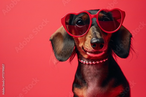 Dachshund dog with heart shaped sunglasses on red background