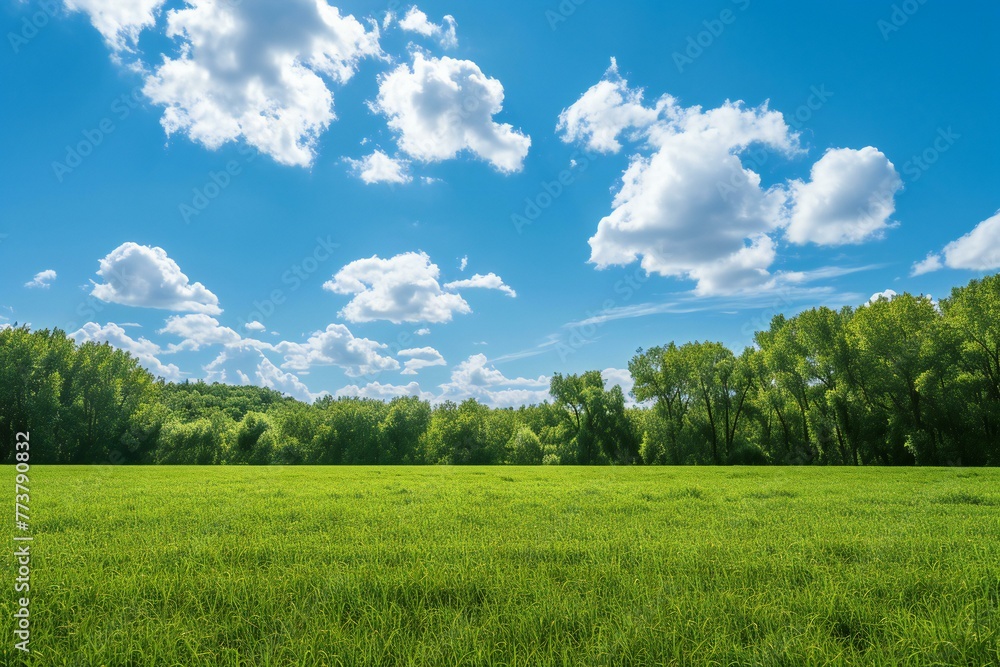 Green meadow under blue sky with white clouds,  Nature composition