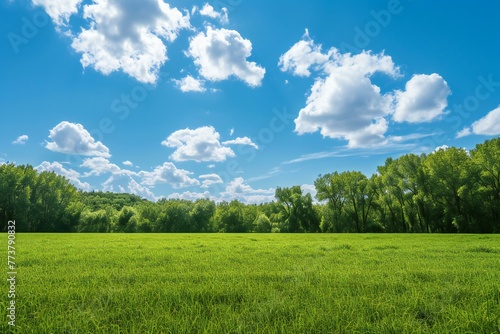 Green meadow under blue sky with white clouds   Nature composition