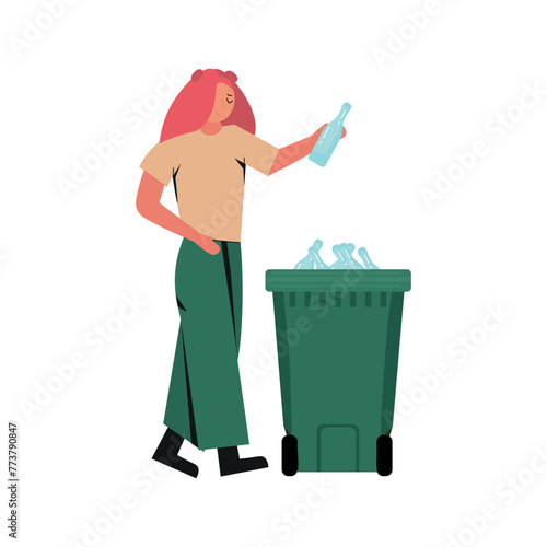 Drawn female volunteer putting glass bottle in waste container on white background