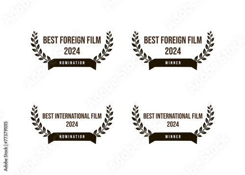 Movie award best foreign language film, international movie - nomination winner black and white vector icon set	