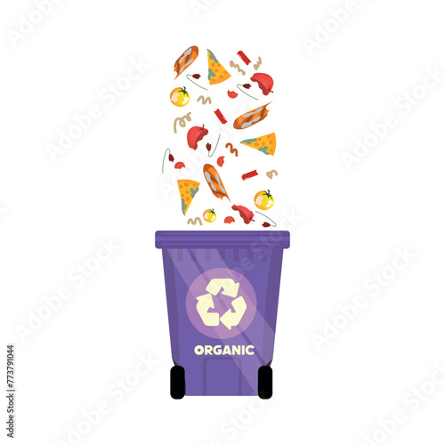 Organic garbage falling into container on white background. Recycling concept