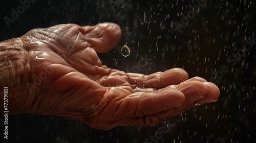 Raindrop on Elderly Hand  Symbolic for Life s Fragility