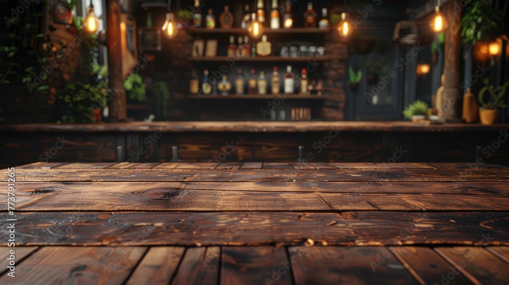 A bar with a wooden counter and a few bottles on it