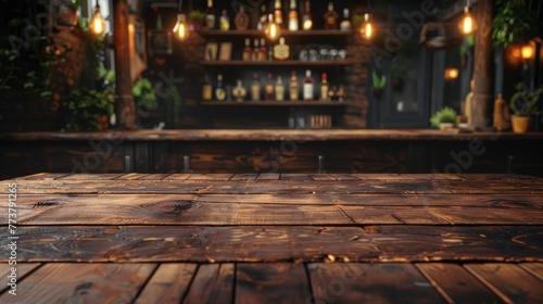 A bar with a wooden counter and a few bottles on it photo