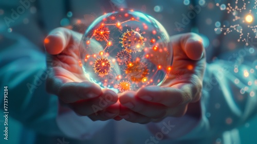 Hand Holding a Glowing Sphere with Viruses, Suitable for Healthcare Concepts