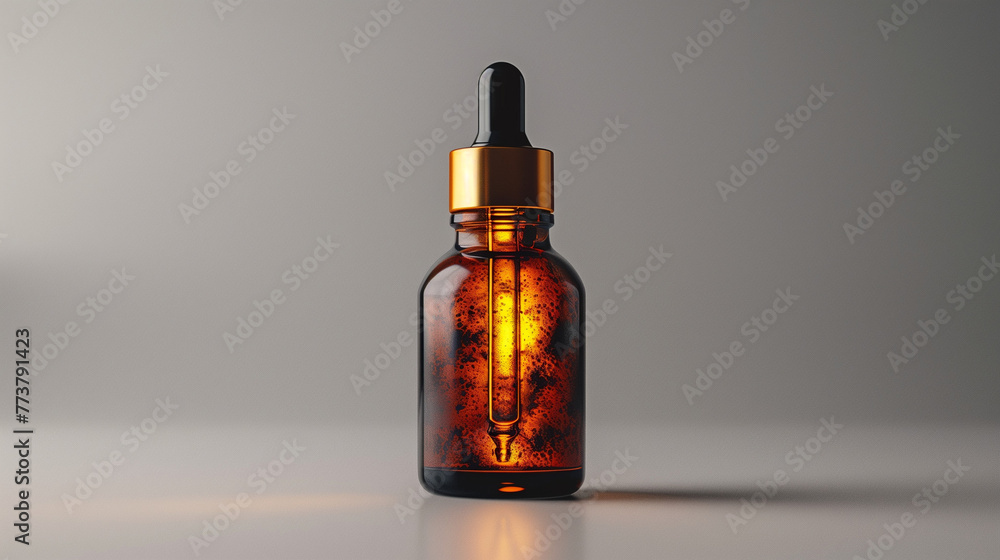 A bottle of oil with a gold top sits on a table. AI. A bottle of oil with a gold top sits on a table. AI.