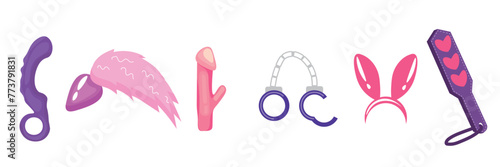 Collage of sex toys on white background