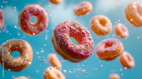 Assorted colorful donuts with sprinkles, frozen in mid-air with a bright blue background.