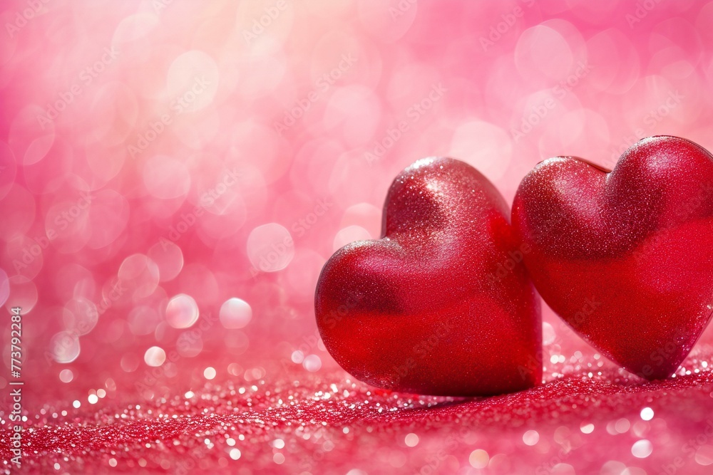 Two red hearts on bokeh background,  Valentines day card