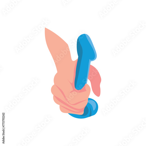 Hand holding dildo sex toy on white background