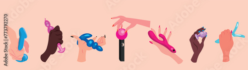 Hands with sex toys on pink background