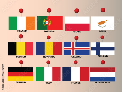 Map pin icons national flags countries 