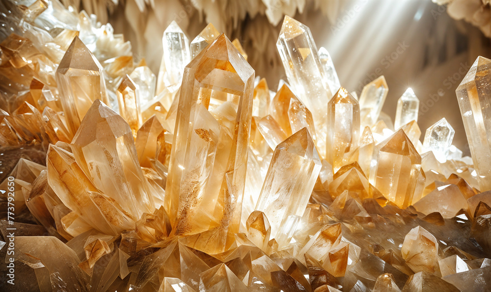 golden quartz crystals in a cave shinning from natural sun light - obrazy, fototapety, plakaty 
