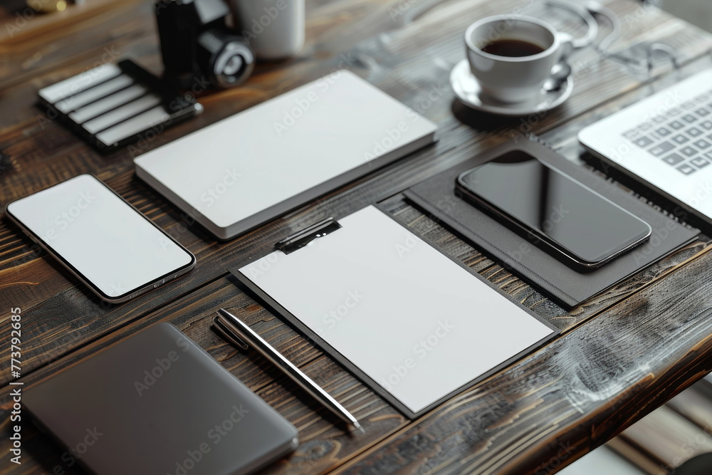 A collection of office supplies including a notebook, a pen, a cup, and a clock A collection of office supplies including a notebook, a pen, a cup, and a clock