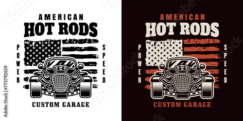 Hot rod vector emblem, label, badge or print in two styles colored and black on white background