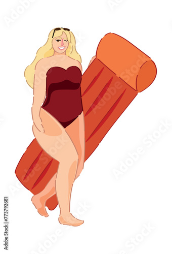 Overweight woman in swimsuit and with inflatable mattress on white background