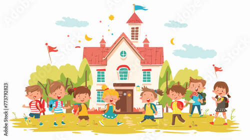 Cartoon Back to school. Happy little kids with school