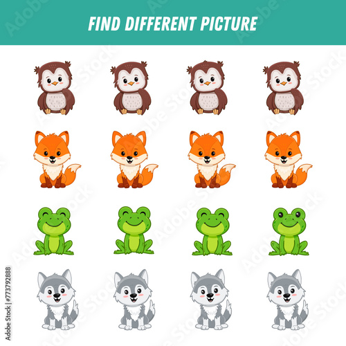 Find different animals in each row. Logical game for kids. Cartoon owl, fox, frog, wolf.