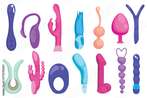 Set of sex toys on white background
