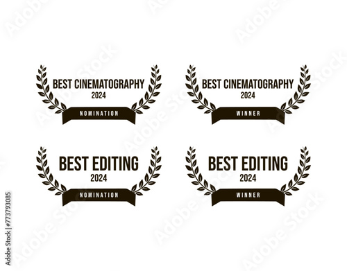 Movie award best film cinematography and editing, nomination and winner, black and white vector icon set