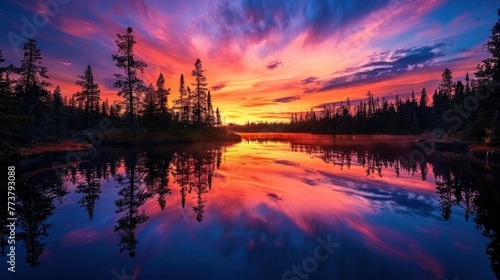 Vivid sunset with radiating colors over serene forest reflected in tranquil water. A picturesque moment of natural beauty and calm.