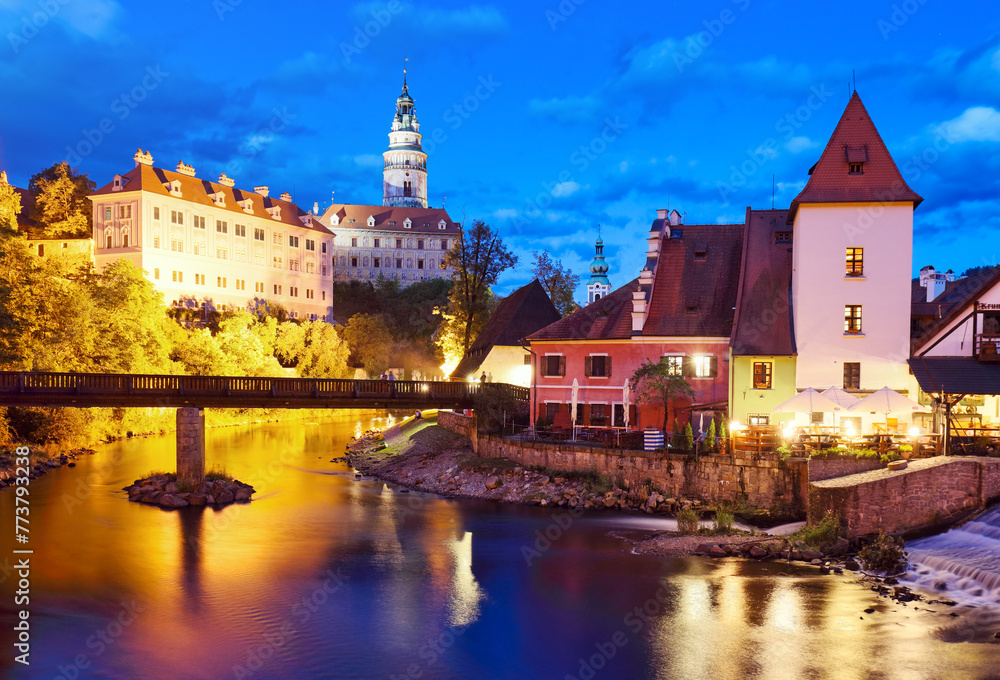 Beautiful view of castle and river Vltava in Cesky Krumlov after sunset, Czech republic at night