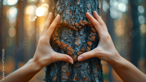 Love for nature: Hands on tree form heart, Arbor Day concept photo
