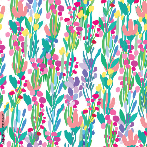 Seamless pattern of colorful flowers and leaves on white background. Floral textile botanical design