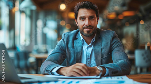 Computer, business and man in an office for marketing strategy, data analysis and infographic documents. Happy, confident and investor sitting at his desk for finance, professional and technology