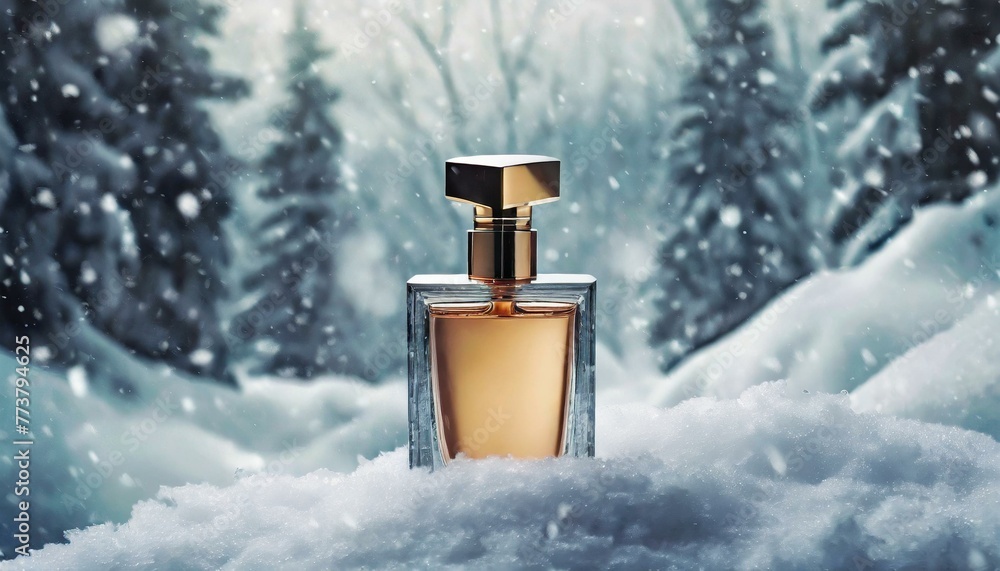 Chill Chic: Winter Background Empty Perfume Bottle Mockup for Cosmetic Branding Chill Chic: Winter Background Empty Perfume Bottle Mockup for Cosmetic Branding
