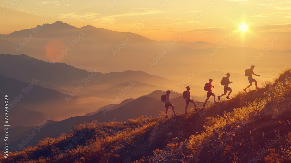 Climbers travel to their destination at the top of a mountain with a beautiful view.