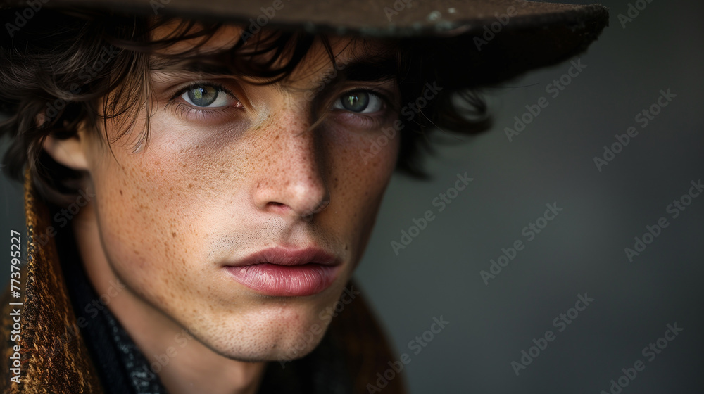 Stylish young man wearing a fashionable hat, set against a simple background Stylish young man wearing a fashionable hat, set against a simple background