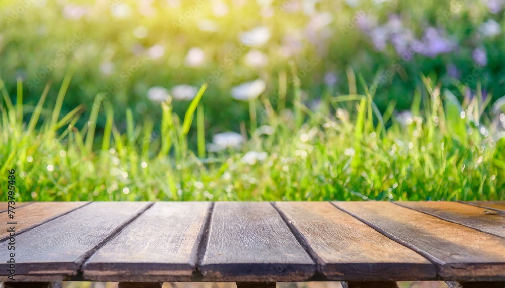 Green Oasis: Empty Table with Gentle Grass Blur in the Background Green Oasis: Empty Table with Gentle Grass Blur in the Background