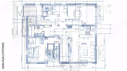 Overhead shot of a very detailed house blueprint, house plan with all elements present  photo