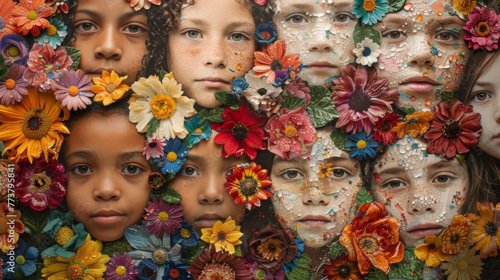 Faces of diverse children blended with vibrant flowers and paint splashes