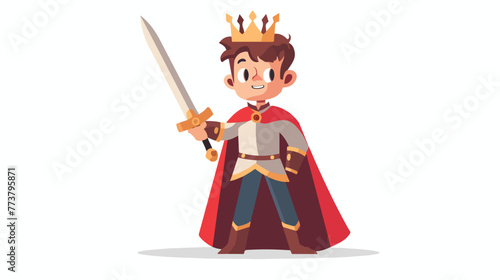 Cartoon happy prince holding a sword flat vector isolated