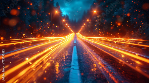 Center view of a night road with many car headlight traces and orange streetlights along the road with many orange particles in the air