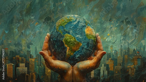 Hands holding a textured globe with a cityscape painting representing environmental